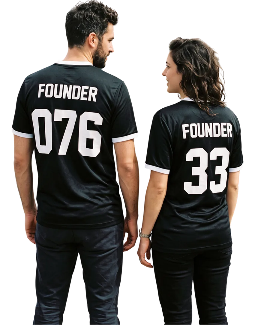 Two people wearing numbered GoalGen founder jerseys